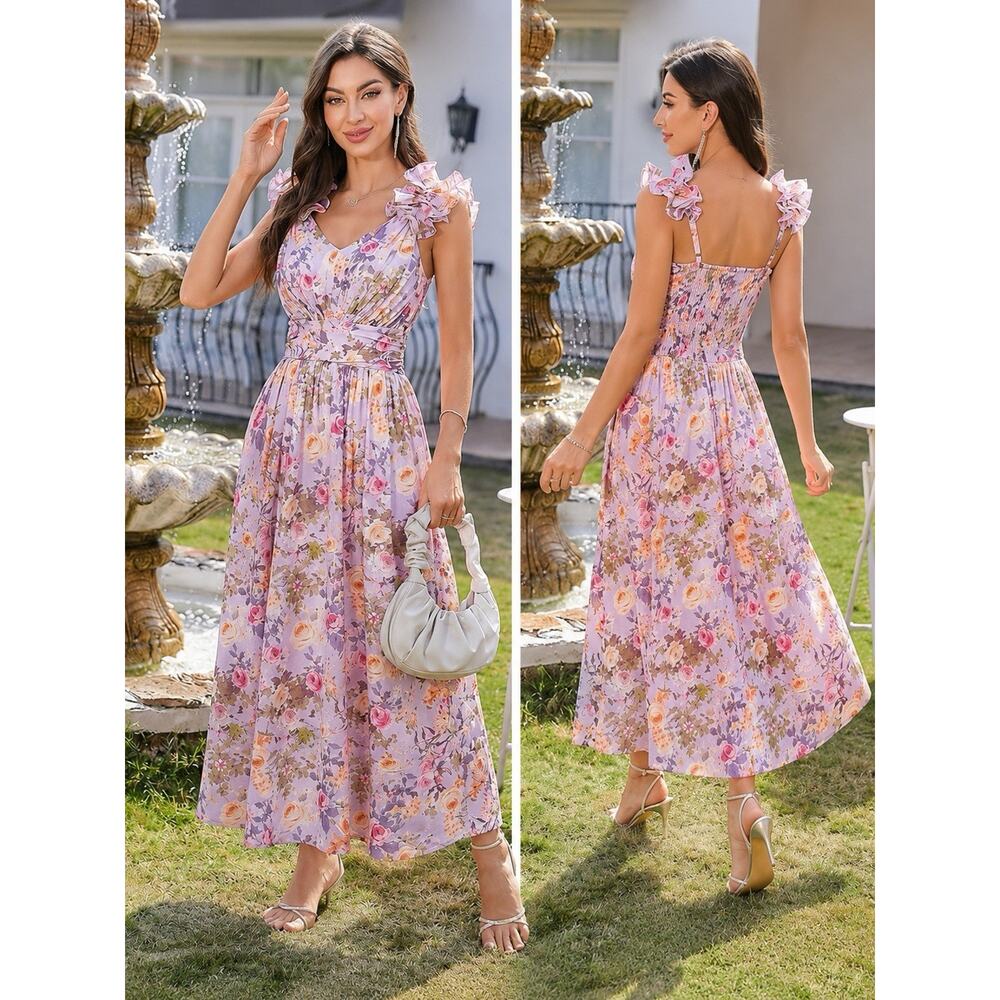 Grace Karin Purple Floral Ruffle Maxi Dress XL Wedding Guest Garden Party - Picture 1 of 11